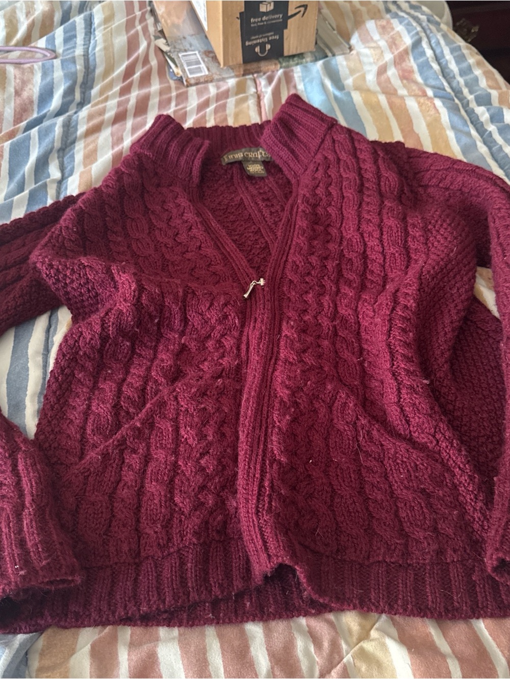 Inis Crafts Merino Wool Cable-Knit Zip Cardigan Sweater - Burgundy